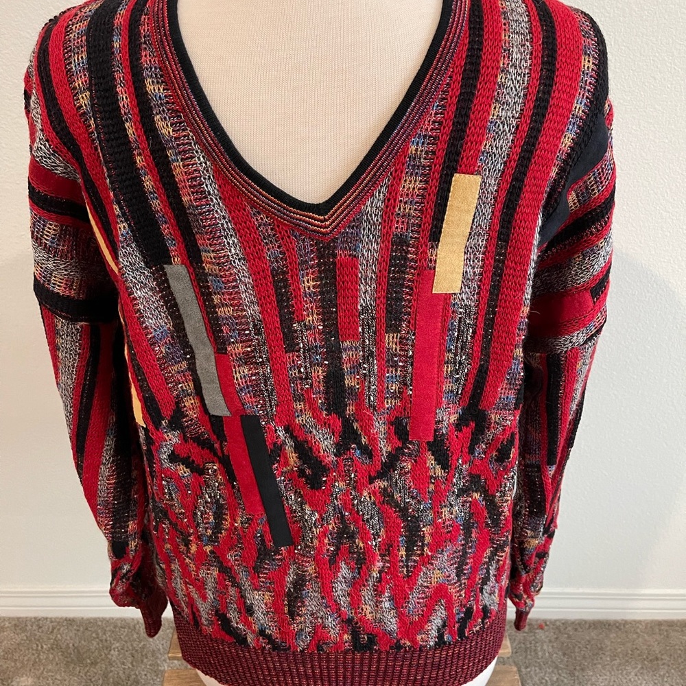 Men’s St. Croix Knit V- neck textured/ patchwork wool blend pullover sweater M
